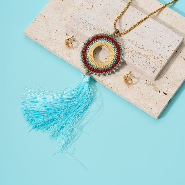 Collar En Dije Tejido Con Cuentas Y Flecos Azules Aretes 18K Set Bohemio