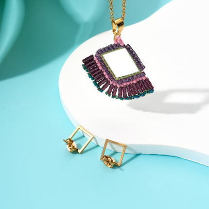 Collar En Dije De Rombo Con Cuentas Y Aretes De Rombo, Estilo Bohemio