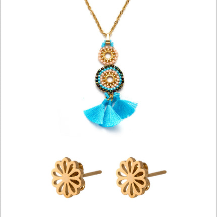 Collar Con Colgante De Círculos Y Flecos Azules Y Aretes Elegantes