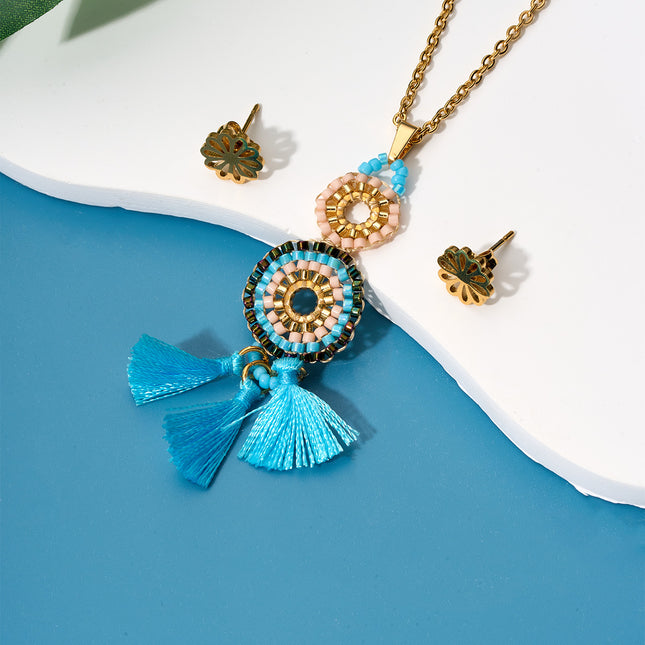 Collar Con Colgante De Círculos Y Flecos Azules Y Aretes Elegantes