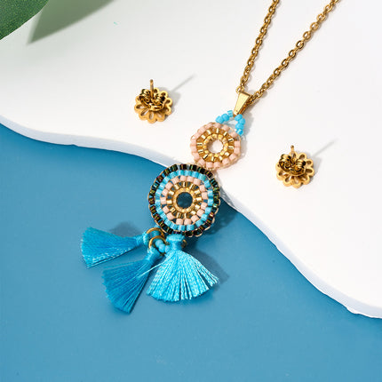 Collar Con Colgante De Círculos Y Flecos Azules Y Aretes Elegantes