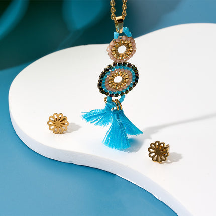 Collar Con Colgante De Círculos Y Flecos Azules Y Aretes Elegantes
