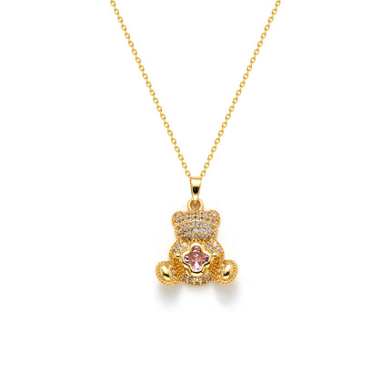Collar Con Colgante En Forma De Oso Rosado De Diamantes De Imitación De Acero Inoxidable