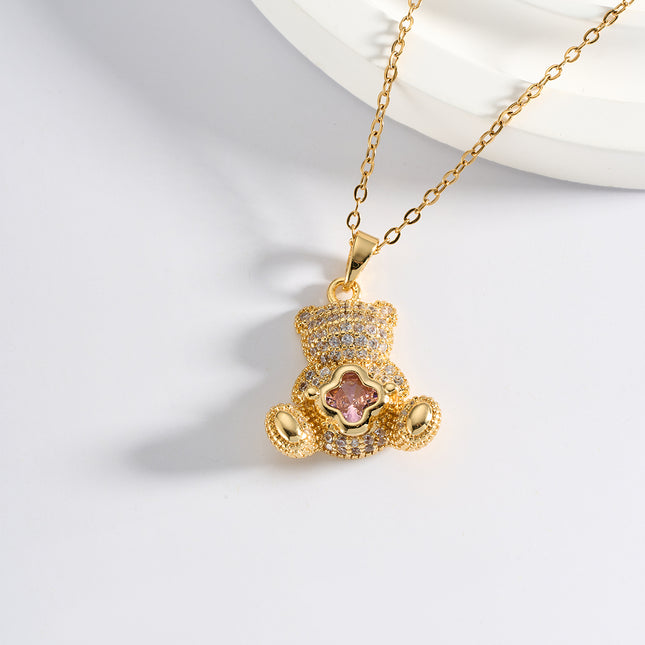 Collar Con Colgante En Forma De Oso Rosado De Diamantes De Imitación De Acero Inoxidable