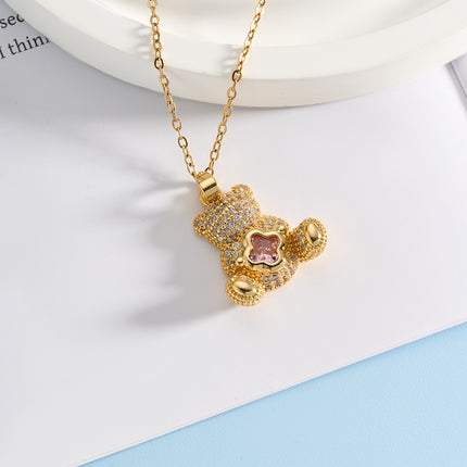 Collar Con Colgante En Forma De Oso Rosado De Diamantes De Imitación De Acero Inoxidable
