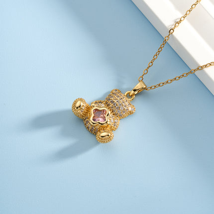 Collar Con Colgante En Forma De Oso Rosado De Diamantes De Imitación De Acero Inoxidable