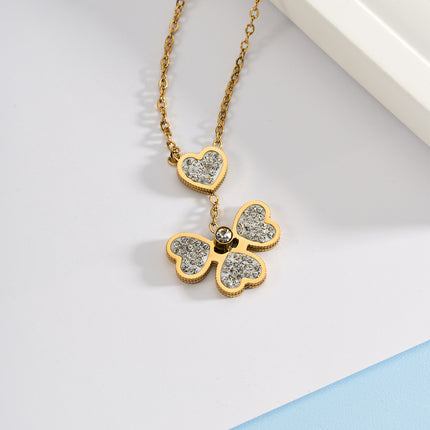 Collar De Moda De Acero Inoxidable Con Colgante De Diamantes De Flor De Cuatro Hojas