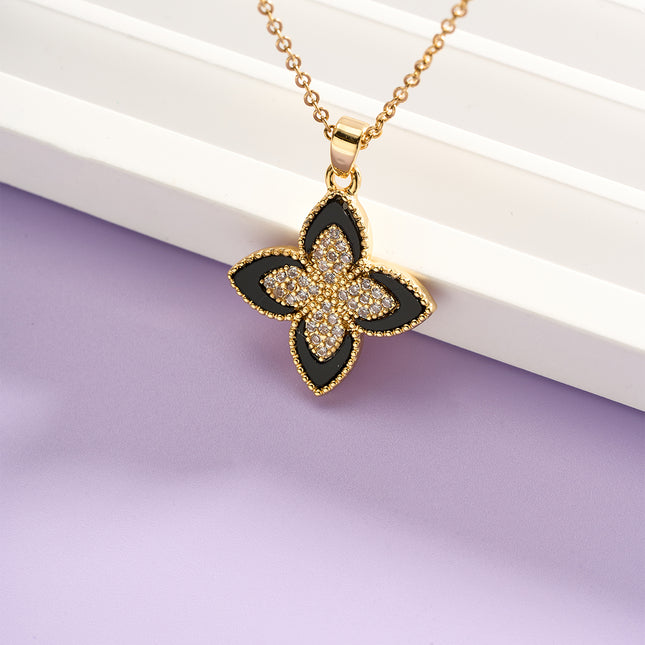 Collar Con Colgante De Flor De Cuatro Hojas De Diamantes De Imitación De Moda De Acero Inoxidable