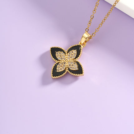 Collar Con Colgante De Flor De Cuatro Hojas De Diamantes De Imitación De Moda De Acero Inoxidable
