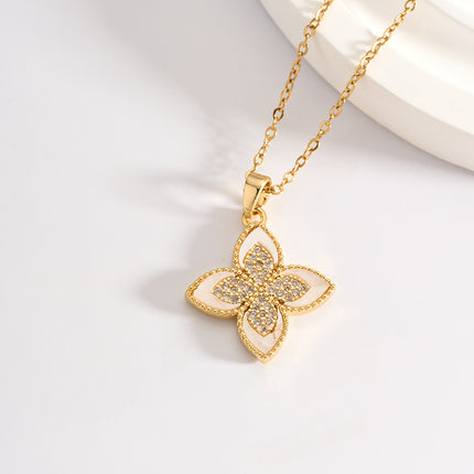 Collar Con Colgante De Flor De Cuatro Hojas De Diamantes De Imitación De Moda De Acero Inoxidable