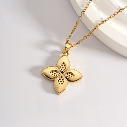 Collar Con Colgante De Flor De Cuatro Hojas De Diamantes De Imitación De Moda De Acero Inoxidable