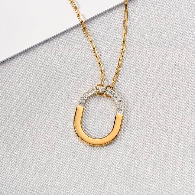 Collar Con Colgante Metálico De Cerradura Ovalada Sencillo De Moda De Acero Inoxidable