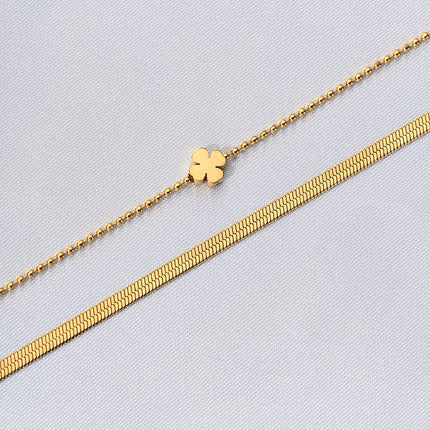 Collar De Doble Capa De Cadena Plana De Acero Inoxidable Con Flores De Cuatro Hojas