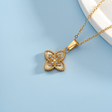 Collar Con Colgante Hueco De Flor De Cuatro Hojas Metálico De Acero Inoxidable Clásico