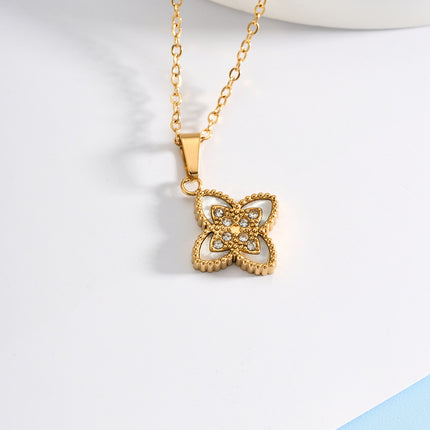 Collar Con Colgante Hueco De Flor De Cuatro Hojas Metálico De Acero Inoxidable Clásico