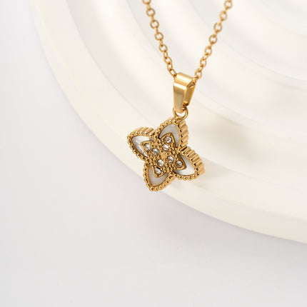 Collar Con Colgante Hueco De Flor De Cuatro Hojas Metálico De Acero Inoxidable Clásico