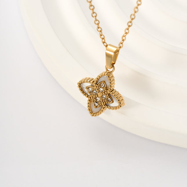 Collar Con Colgante Hueco De Flor De Cuatro Hojas Metálico De Acero Inoxidable Clásico