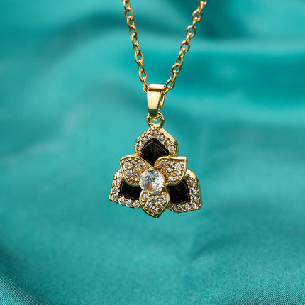 Collar Clásico Con Colgante De Trébol Negro De Doble Capa Con Diamante De Imitación