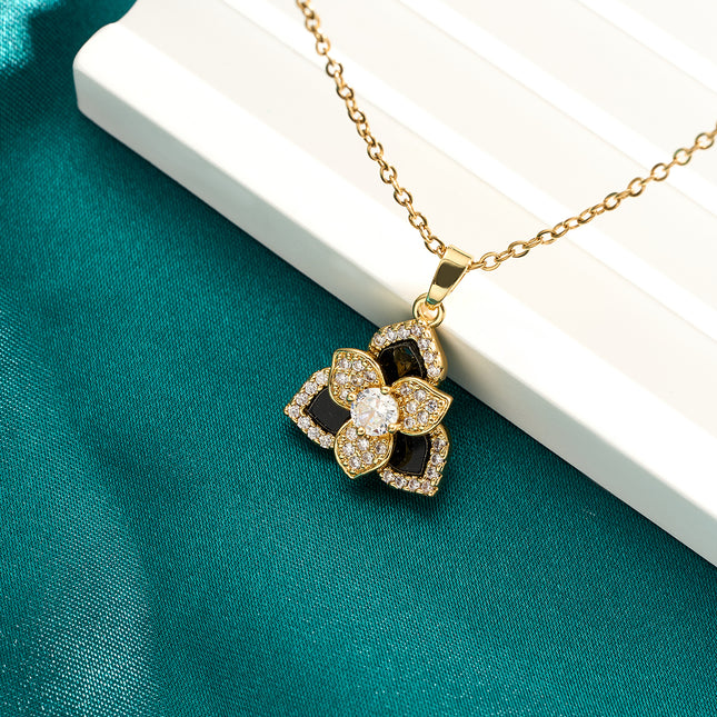 Collar Clásico Con Colgante De Trébol Negro De Doble Capa Con Diamante De Imitación