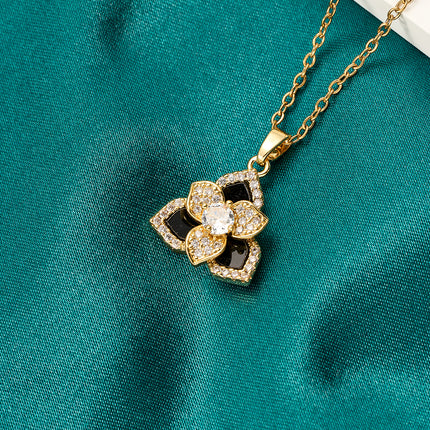 Collar Clásico Con Colgante De Trébol Negro De Doble Capa Con Diamante De Imitación