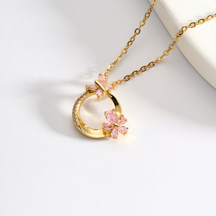 Collar Con Colgante De Cobre Con Mariposa Y Flor De Diamante De Imitación Rosada