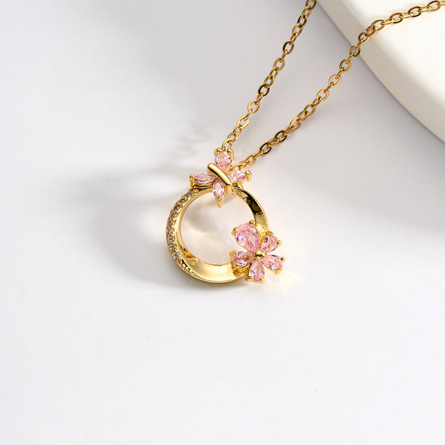 Collar Con Colgante De Cobre Con Mariposa Y Flor De Diamante De Imitación Rosada