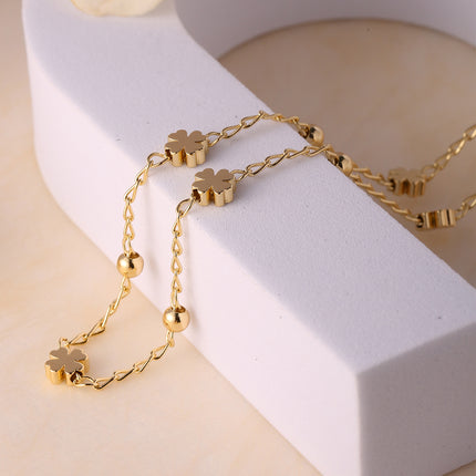 Collar De Oro 14K Cadena Cuentas Entrelazadas y Tréboles Estilo Y2K