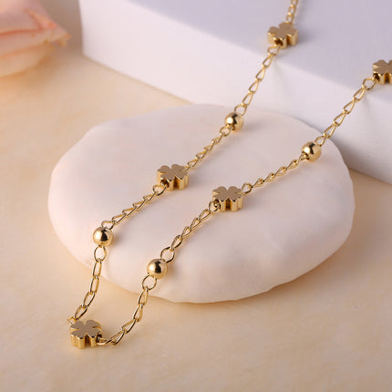 Collar De Oro 14K Cadena Cuentas Entrelazadas y Tréboles Estilo Y2K