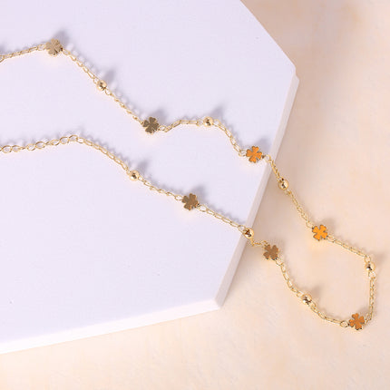 Collar De Oro 14K Cadena Cuentas Entrelazadas y Tréboles Estilo Y2K