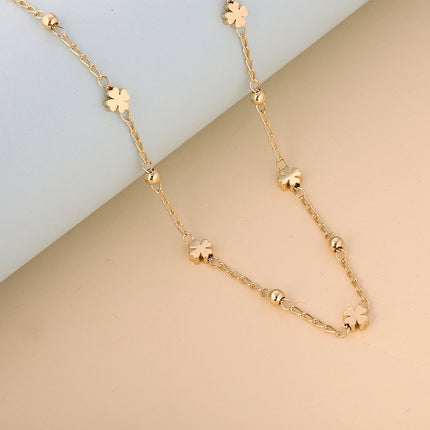 Collar De Oro 14K Cadena Cuentas Entrelazadas y Tréboles Estilo Y2K