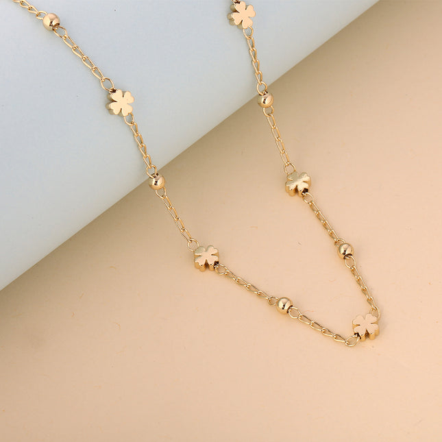 Collar De Oro 14K Cadena Cuentas Entrelazadas y Tréboles Estilo Y2K