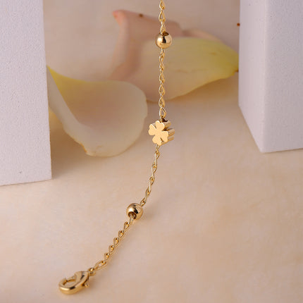 Collar De Oro 14K Cadena Cuentas Entrelazadas y Tréboles Estilo Y2K