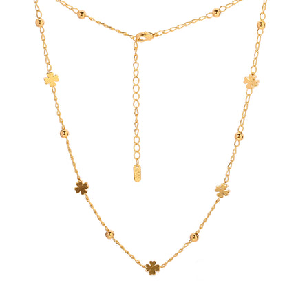 Collar De Oro 14K Cadena Cuentas Entrelazadas y Tréboles Estilo Y2K