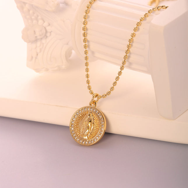 Collar Retro Con Colgante De Virgen María Cadena Bolitas Chapado En 14K Oro