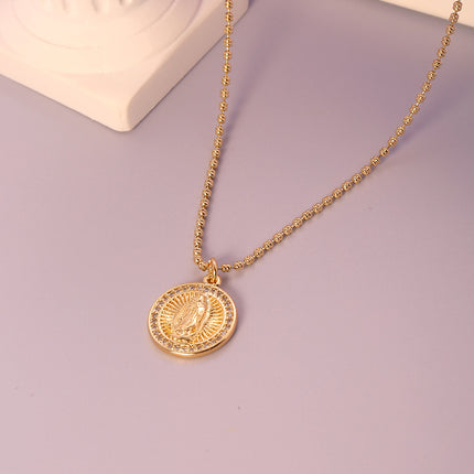 Collar Retro Con Colgante De Virgen María Cadena Bolitas Chapado En 14K Oro