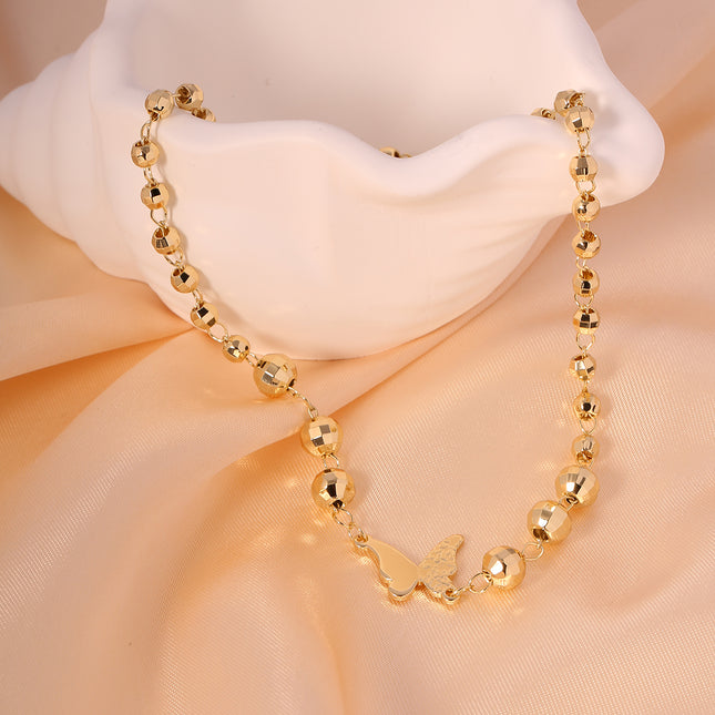 Collar Con Bolas y Mariposa Cobre En Oro 14K, Diseño Versátil Y Elegante