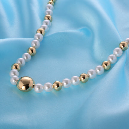 Collar De Perlas Sintéticas Y Cuentas De Cobre Chapadas En Oro 14K Elegante