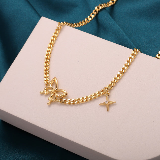 Collar Simple De Estilo Retro 14K Oro Con Colgante De Lazo Y Estrella