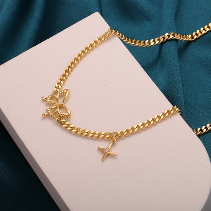 Collar Simple De Estilo Retro 14K Oro Con Colgante De Lazo Y Estrella