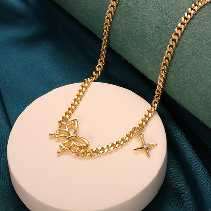 Collar Simple De Estilo Retro 14K Oro Con Colgante De Lazo Y Estrella