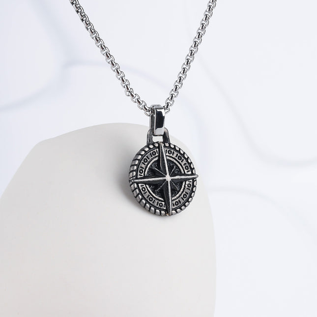 Collar Con Diseño Colgante Redondo De Brújula Para Hombre De Acero Inoxidable