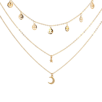 Collares En Capas Con Sonrisa Estrella Luna Embutido Circón Chapado En Oro De 14K