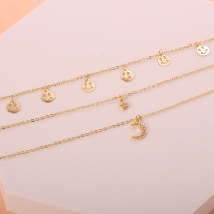 Collares En Capas Con Sonrisa Estrella Luna Embutido Circón Chapado En Oro De 14K
