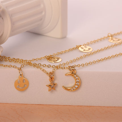 Collares En Capas Con Sonrisa Estrella Luna Embutido Circón Chapado En Oro De 14K