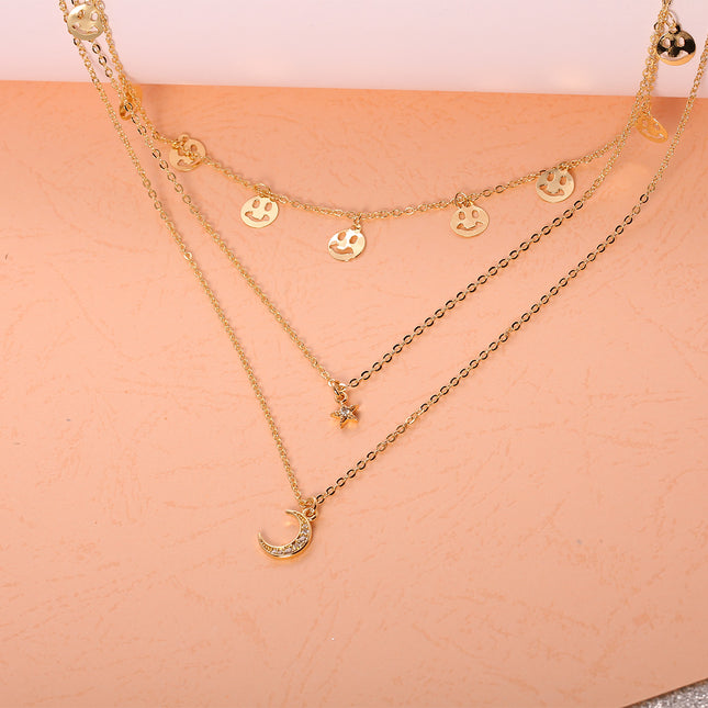 Collares En Capas Con Sonrisa Estrella Luna Embutido Circón Chapado En Oro De 14K