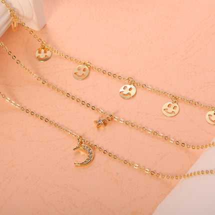 Collares En Capas Con Sonrisa Estrella Luna Embutido Circón Chapado En Oro De 14K