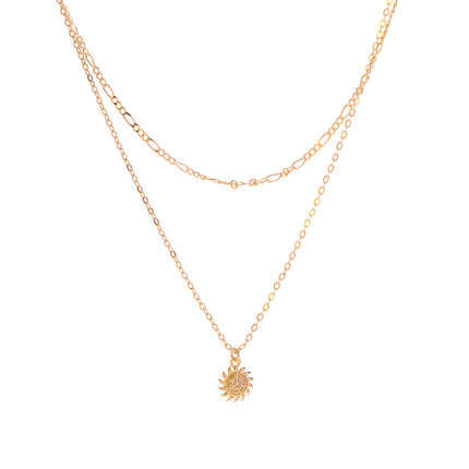 Collar De Capas Con Colgante De Flor Solar Con Zirconia, Chapado En Oro 14K