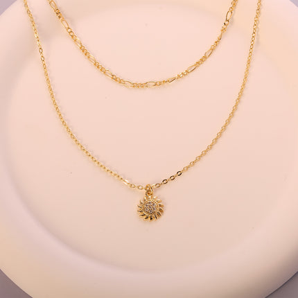 Collar De Capas Con Colgante De Flor Solar Con Zirconia, Chapado En Oro 14K