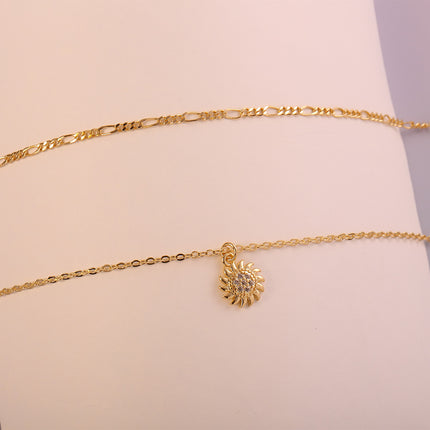 Collar De Capas Con Colgante De Flor Solar Con Zirconia, Chapado En Oro 14K