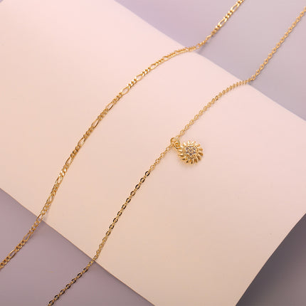 Collar De Capas Con Colgante De Flor Solar Con Zirconia, Chapado En Oro 14K
